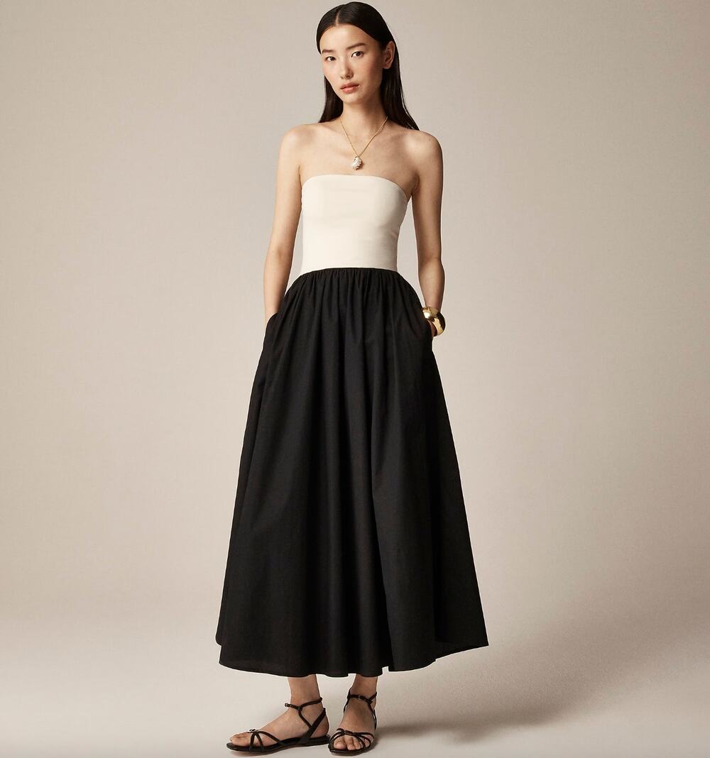 NEW J.Crew Strapless Colorblock Mixy Dress Midi A Line Cotton Natural Black XS
